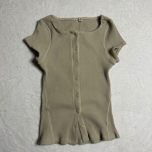 Intimately Free People Ribbed Knit Button Front Top Beige Tan Lace Trim Size XS